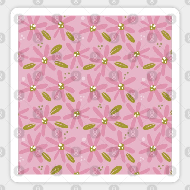 Cute pink abstract flowers and green leaves in a fun playful flowerpower pattern Sticker by marina63